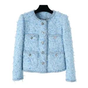 라운드 트위드자켓 재킷 여성 하객룩 실버버튼 봄 빅사이즈 하늘색 블루