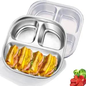 뚜껑이 있는 스테인리스 스틸 분할 접시 트레이 3 섹션 금속 소형 서빙 저녁 식사 간식 피키 이터 캠퍼