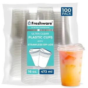 Freshware 빨대 없는 뚜껑이 있는 473.2ml(16온스) 투명 일회용 플라스틱 컵, 100팩 투명 플라스틱 텀블러,