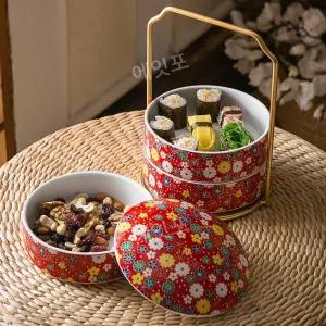 식 도자기 도시락 밥그릇 세라믹(스프링) 찬합 벤또 3층 분할 가정용 식기