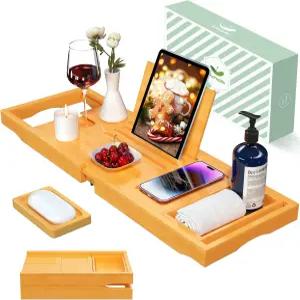욕조용 아트말 접이식 트레이 고급 목욕용 북 스탠드가 있는 대나무 캐디 테이블 무료 비누 접시가 여성용