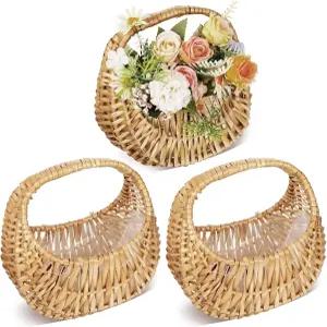 결혼식 홈 데코 정원 보관 및 사진 소품을 위한 손잡이가 달린 3개의 PCS 내추럴 라탄 하프 문 플라워 소녀