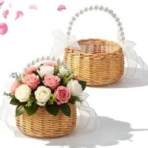 결혼식 장식용 위커 플라워 걸 바구니 2세트 손잡이가 달린 작은 진주 및 리본 활