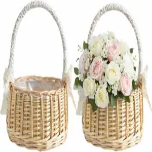2Pcs 플라워 걸 바구니 세트 우아한 레이스 펄 위커 소박한 웨딩 결혼 선물용 경량 파티 장식