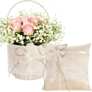 오미스타 웨딩 레이스 플라워 걸 바구니 세트 우아한 베이지 새틴 링 베개 소박한 버랩 액센트 장식 9.4 x