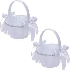 웨딩 플라워 걸 바구니 손잡이와 활이 달린 새틴 보관 2개 결혼식 파티에 딱 맞는 흰색