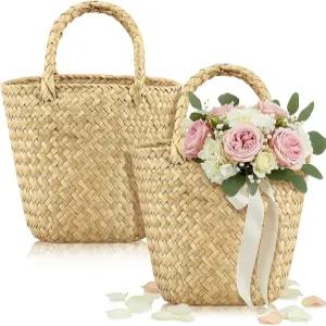 레몬로드 2개 결혼식용 플라워 걸 바구니 작은 소박한 해초 손잡이 보호 꽃 보관 농가 장식 꽃잎 색종이