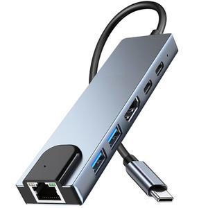 6 in 1 타입 C to HDTV 어댑터, LAN 포트가 있는 USB C 허브, 맥북 시리즈, 크롬북, 노트북, 마우스, 키보드, 플래시 드라이브, 하드 디스크와 호환되는 4K HDMI 출력 USB C 어댑터