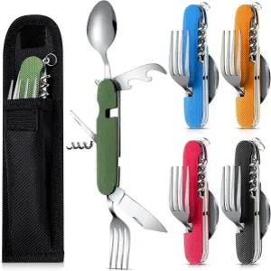 테스코 포 유 5 세트 6 in 1 캠핑 도구 휴대용 스테인리스 스틸 다기능 플랫웨어 스푼 포크 나이프 병따개
