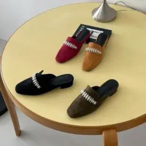 [옷자락]여성 인조가죽 스퀘어토 큐빅 낮은굽 뮬 블로퍼