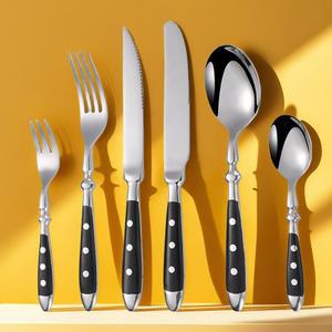 호텔 스테인레스 스틸 테이블 나이프 포크 스푼 세트 티스푼 티포크 스테이크 나이프 커트러리 레스토랑 서빙 세트 블랙 우드 핸들