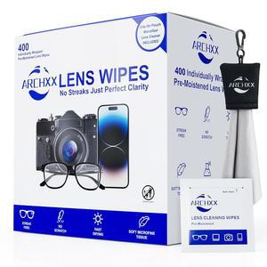eAj 안경용 ARCXX 400 카운트 렌즈 물티슈, +1 클립온 파우치 극세사 렌즈 클리너, 안경, 선글라스, 카메라 렌즈, 스트릭 프리용 개별 포장 안경 클리너 물티슈