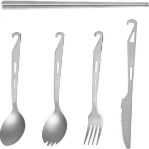 배낭여행 백컨트리 야외 모험을 위한 티타늄 캠핑 도구 세트 5피스 경량 나이프 포크 스푼 및 젓가락