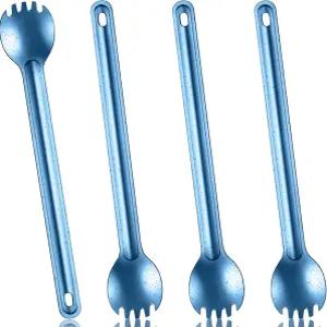 4피스 티타늄 롱핸들 스팍 및 스푼 초경량 포터블 플랫웨어 8.7인치 수프 캠핑 야외 배낭 여행 피크닉 식기