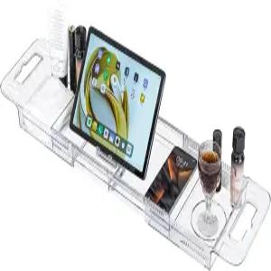 BERGFBV 확장형 욕조 트레이 22-31인치 - 미끄럼 방지 패드가 있는 투명 캐디 와인용 조절 가능한 스파