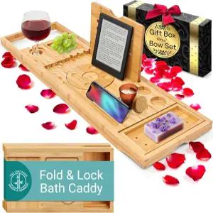 선물 상자와 활 세트가 포함된 SereneLife 프리미엄 접이식 욕조 트레이 확장 가능한 독특한 집들이 엄마