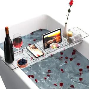 욕조용 확장 가능하고 투명한 선반 및 아크릴 트레이 플라스틱 보드 테이블 목욕 캐디 어머니 여성을 위한