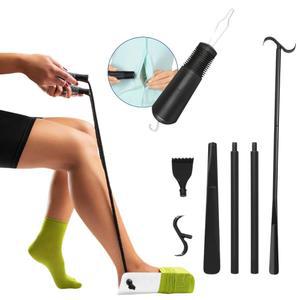 압박 양말 보조 장치 - 인체공학적 손잡이- 신발, 양말, 셔츠, 바지용 조절 가능한 드레싱 스틱 버튼 후크 및 지퍼 한 손 당김