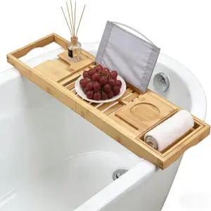 확장 가능한 대나무 욕조 캐디 트레이 탈착식 타월 바구니가 있는 70-105cm 조절식 랙 와인잔 홀더 및