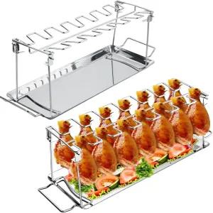 드립 트레이가 있는 그릴용 YUNTHYE 2PCS 치킨 다리 랙 14 슬롯 롤리팝 스테인리스 스틸 윙 스모커 오븐