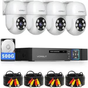 VORGUT 유선 카메라 시스템 실외 4pcs 팬/틸트 CCTV 및 4CH 5MP 라이트 AHD TVI DVR 500GB HDD 360 뷰 감시
