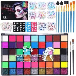 54 컬러 페이스 페인팅 키트 스텐실 보석 브러시 스펀지가 포함된 용품 할로윈용 워터 활성화 메이크업