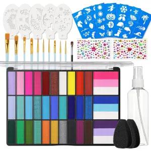 카니발 파티 게임 데이를 위한 33가지 색상의 무독성 페이스 페인팅 팔레트 스텐실 브러시 민감한 피부