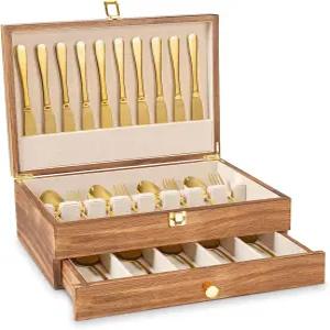 요이모리 은식기 보관함 서랍장이 있는 2겹 린넨 라이너가 나무 상자 고급 및 보관용 러스틱 브라운