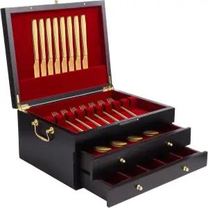 NIMBLoom 3겹 나무 은식기 상자 서랍과 손잡이가 있는 펠트 안감 플랫웨어 보관함 포크 스푼 커터 컬렉션을