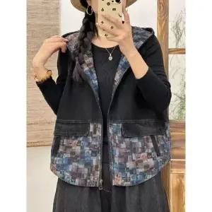 여친 데님 가을 캐주얼 빈티지 민소매 배색 조끼 후드 프린트 가디건 상의 카디건 OP3