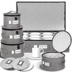 LUXULA 중국 저장 용기 12곳 접시 가방 2개 식판 샐러드 디저트 컵 및 머그잔 보관용 하드 쉘 퀼트 케이스