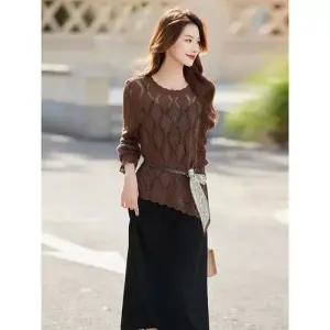 무천도사 원피스 스커트 여성 여사친 가을 투피스 정장세트 긴팔 풀오버 끈 솔리드 펀칭 톱 나시 KKE3