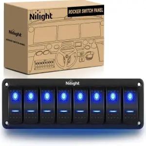 Nilight 8 Gang 알루미늄 로커 스위치 패널 토글 대시 5 핀 켜기/끄기 사전 배선 블루 백라이트 자동차용