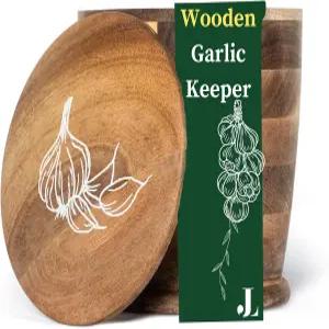 항상 신선한 아카시아 마늘 키퍼를 소개합니다 제작된 대형 저장 용기 뚜껑이 있는 소박한 홀더 냄비