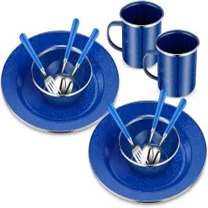 누오고 2개 에나멜 캠 식기 세트 디너웨어 키트 2 커피 머그잔 접시 그릇 및 포크 스푼 포함 하이킹 야외용