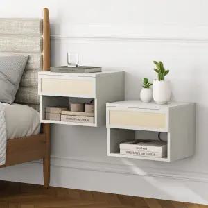 뭄지 라탄 플로팅 나이트 스탠드 2종 세트 서랍장 및 개방형 수납공간이 있는 벽걸이 엔드 테이블 침실