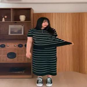 단 스트라이프 반팔 티셔츠+롱스커트 셋업 세트