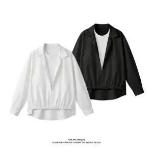 키체샵 남친 빈티지 페이크 투피스 풀오버 솔리드 상의 셔츠 HO1