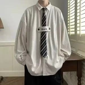키체샵 캐주얼 남성용 솔리드 넥타이 셔츠 봄가을 코듀로이 학생 긴팔 HO3