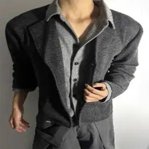 키체샵 그레이 남성용 가을 넥 솔리드 꽃사 스웨터 프린지 카디건 셔츠 HO3