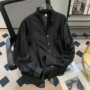 키체샵 블랙 남성용 캐주얼 차이나 솔리드 시어서커 상의 긴팔 춘추 셔츠 빅사이즈 HO3