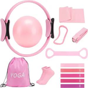여성용 BSJ BESTGYM 필라테스 링 세트 5가지 저항 밴드 및 액세서리가 포함된 장비 볼 14인치 매직 서클
