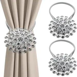 마그네틱 커튼 타이백 2팩 고탄성 스프링 와이어 로프가 있는 반짝이는 크리스탈 플라워 홈 오피스 장식용