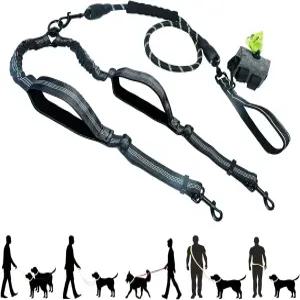타이센시 더블 개 목줄 핸즈프리 크로스바디 허리 엉킴 없는 번지 중대형견용 패딩 핸들 블랙