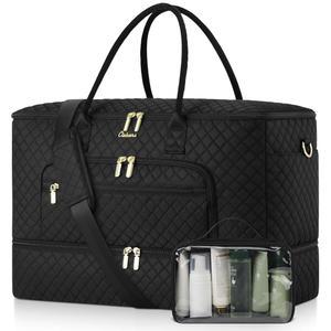 클로카스 여행용 더플백, 신발 수납 공간이 있는 여성용 와이드 오픈 대형 주말 가방, 화장실 가방 포함 오버나이트 젖은 주머니 여성 분만용 병원 가방(블랙)