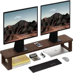 Ufin 듀얼 모니터 스탠드 라이저 2 높이 조절 가능한 목재 컴퓨터 데스크톱 정리함 대형 2개 노트북 TV