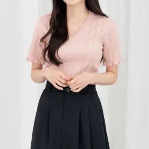 여성 여자 데일리 니트 티셔츠 캐주얼 러블리 프릴 포인트 패턴 반팔티 여름 브이넥 패션 상의 소품 용품