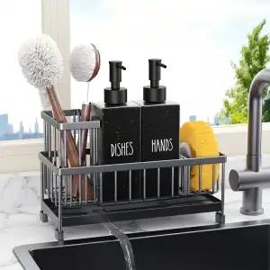 싱크 캐디가 포함된 시실리 주방 비누 디스펜서 세트 12온스 유리병 손 및 접시 스펀지 홀더 블랙
