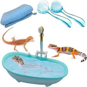 2개의 파충류 목욕 브러시와 1개의 도마뱀 수건이 있는 전기 수염 용 욕조 수영장 수도꼭지가 액세서리