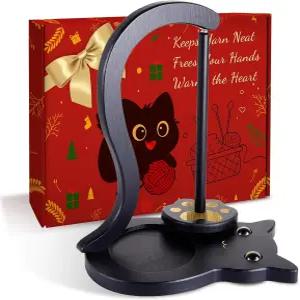 크로치팅용 검은 고양이 실 홀더 액세서리 보관 미끄럼 방지 패드가 있는 나무 코바늘 마그네틱 스피너